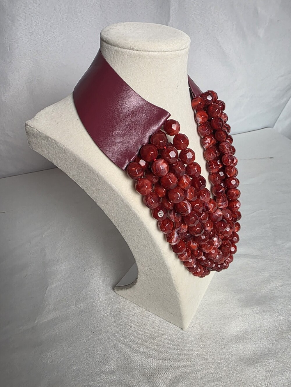 Burgundy 7 Strand Faceted Bead Statement Necklace Magnetic Closure - Picture 3 of 7